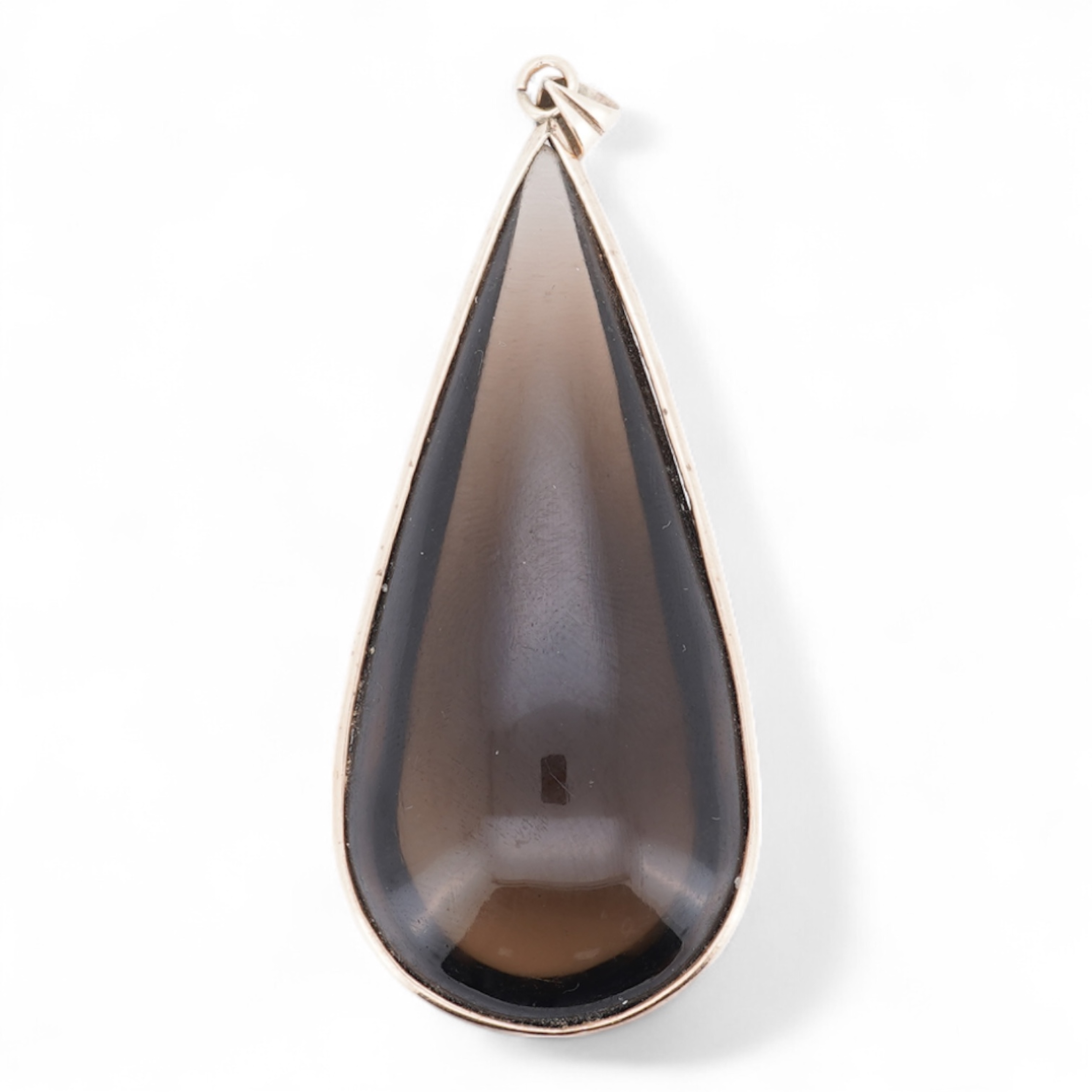 A yellow metal mounted pear shaped smoky quartz set drop pendant, overall 59mm.
